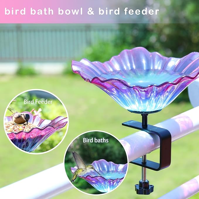MUMTOP Deck Mounted Bird Baths for Outdoors, Glass Bird Baths Bowl with Adjustable Sturdy Steel Fence Clamp for Garden Patio Lawn Yard Deck Balcony Railing, Purple