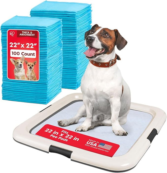 IRIS USA Pee Pad Holder for Puppy Training, Secured Latches, Non-Skid Feet, Fits 22"x22" Pads, Dark Gray + 100 Puppy Pads, Leak Proof, Quick Dry, 6-Layer Absorbent Design, 22"x22"