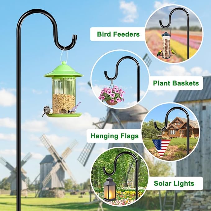 84" Shepherds Hooks for Outdoor, Heavy Duty Garden Bird Feeder Pole Hanging Bird Feeder, Solar Light Lanterns, Outdoor Plant Hanger Hook with 7 Base Prongs, 2 Packs