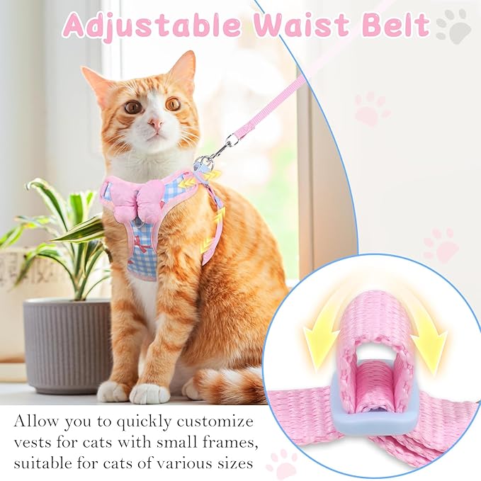 Cat Vest Harness and Leash Set for Walking Escape Proof, Adjustable Kitten Harness and Leash Set Breathable Mesh with Bow Harness for Kitty Puppy Bunny(Pink Small)