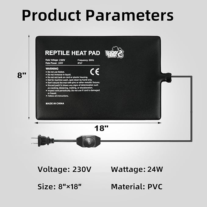 LUCKY HERP Reptile Heat Pad 8x18 Inch 24w, Under Tank Terrarium Heating Pad with Adjust Knob, Reptile Heat Mat for Turtle, Lizard, Hermit Crab, Frog, Snake