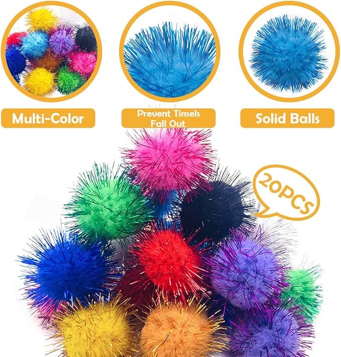 PET SHOW 20pcs Cat Sparkle Ball for Indoor Cats 1.77 Inch Assorted Color Glitter Kittens Toy Balls Cat Chase Pom Pom Balls for Cats