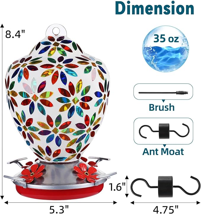 VOREEN Glass Mosaic Hummingbird Feeders, 35OZ with Ant Moat & 4 Feeding Ports, Hand Blown Glass Outdoor Hanging Porch Garden Backyard Decor, Gift for Mom Wife Friend, Flowers Design