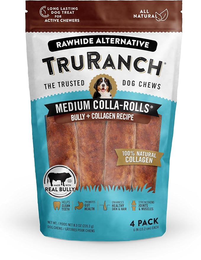Collagen Rolls - 6" Collagen Rolls for Dogs - Long Lasting Healthy Joint Support Dog Treat - Rawhide Alternative - Skin & Coat Health - Made with Real Bully, 1 Bag, 4 Count