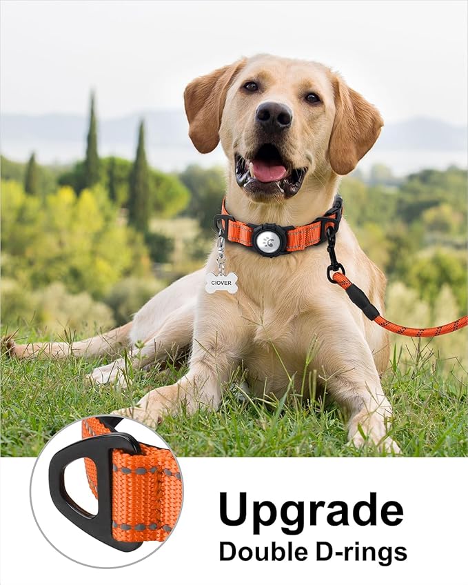 TagME Airtag Dog Collar,Waterproof Reflective Pet Collar with Airtag Holder,Soft Padded and Double D-Rings for Extra Large Dogs,Orange
