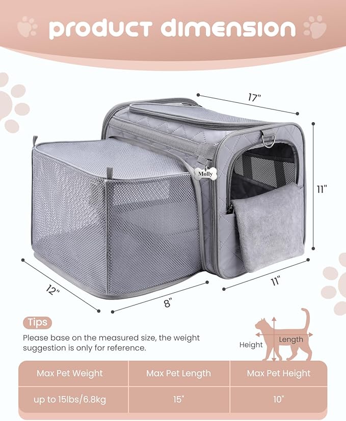 MIDOG Cat Carrier Soft for Small to Medium-Sized Cats,Up to 15 Lbs, TSA Airline Approved Soft Sided Pet Carrier,Collapsible Travel Cat Carry Bag(Grey)