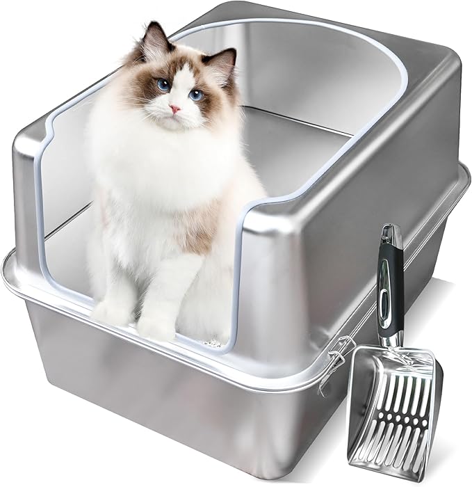 Stainless Steel Litter Box with Metal Lid and Scoop - Enclosed Metal Litter Box for Large Cats, Rust-Resistant, Odor-Control, Easy to Clean, Durable & Long-Lasting with Round Edge (L)