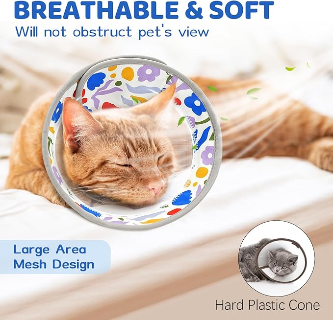 Breathable Air Mesh Cat Cone Collar Soft to Stop Licking, Adjustable, Foldable Lightweight Kitten Cones After Surgery Recovery for Cats & Kittens (Flower,L)