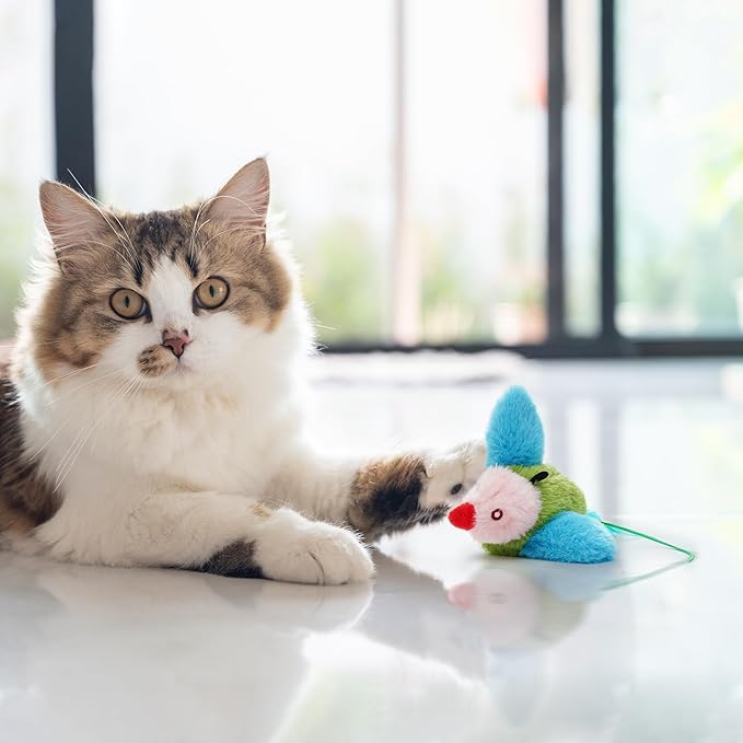 Flapping Bird Cat Toy, Interactive Catnip Kitten Toy with Lifelike Chirping, Rechargeable & Touch Activated for Bored Indoor Adult Cats of All Breeds, Green