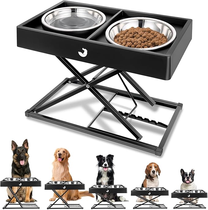 Joytale Elevated Dog Bowls for Large Breeds, Heavy Duty 9 Adjustable Height from 9" to 17.5" Metal Stand Anti-Slip, Non Spill Raised Food & Water Station with 2 Stainless Steel Food Bowls, Black
