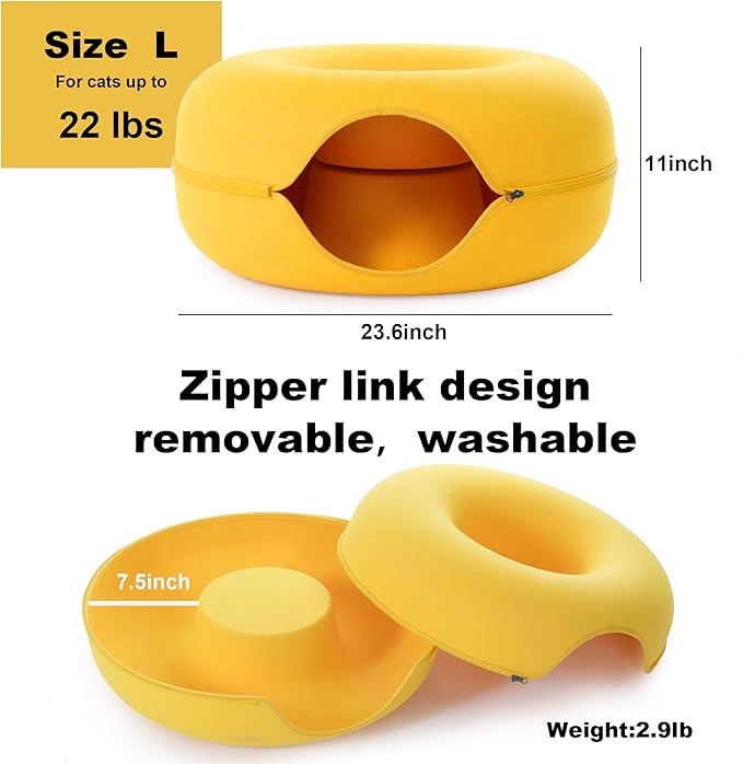Large Cat Tunnel Bed for Indoor Cats with 3 Toys, Scratch Resistant Donut Cat Bed, Up to 30 Lbs (L 24x24x11, Yellow)