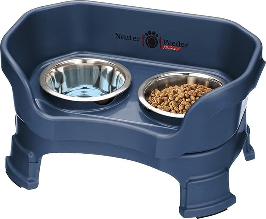 Neater Feeder Deluxe Mess Proof Cat Bowls Elevated for All Breeds – Made in USA – No Spill Raised Cat Bowls for Indoor Cats w/Leg Extensions – Stainless Steel Cat Food and Water Bowl Set - Dark Blue