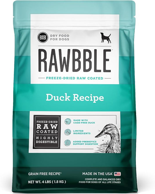 BIXBI Rawbble Dry Dog Food, Duck, 4 lbs - USA Made with Fresh Meat - No Meat Meal & No Corn, Soy or Wheat - Freeze Dried Raw Coated Dog Food - Minimally Processed for Superior Digestibility