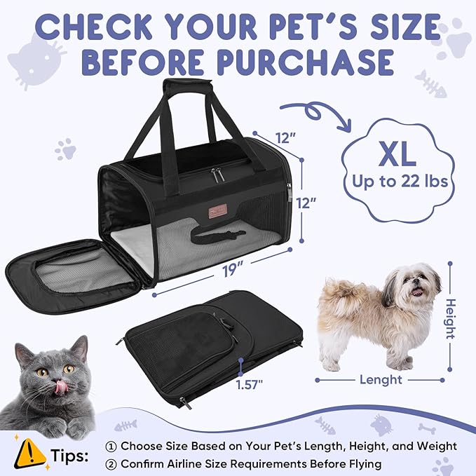 BALEINE Cat Carrier, Puppy Dog Carrier for Small Medium Pets Up to 22 Lbs, Soft-Sided Dog Travel Bag with Safety Zippers, Collapsible Pet Carrying Case (Black, XL, 19"x12"x12")