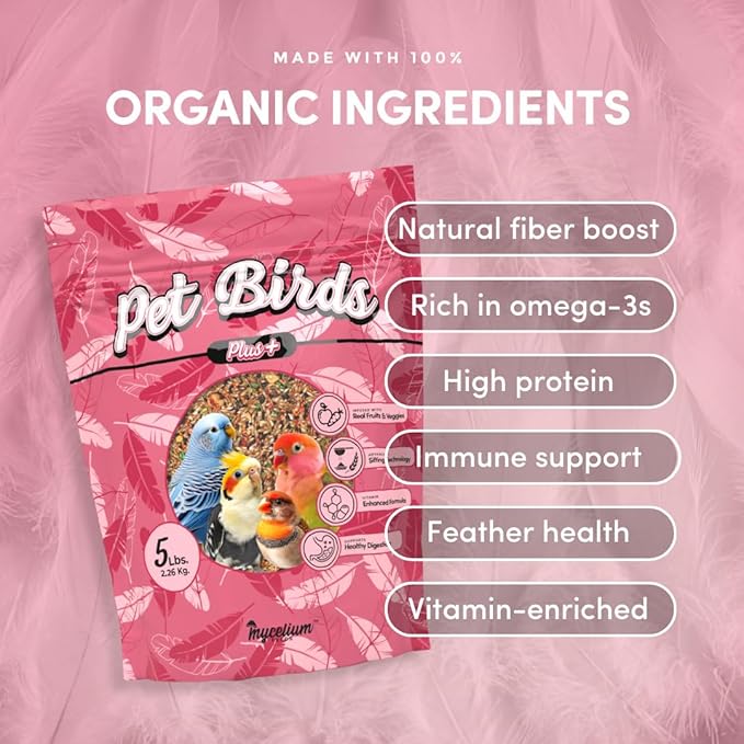 Mycelium Pet Bird Plus Feed (5 LB Bag) | Organic Bird Food for Parakeets, Lovebirds & Cockatiels | Vitamin-Fortified with Real Fruits & Veggies | Immune Support, Daily Nutrition | Non-GMO, USA Made