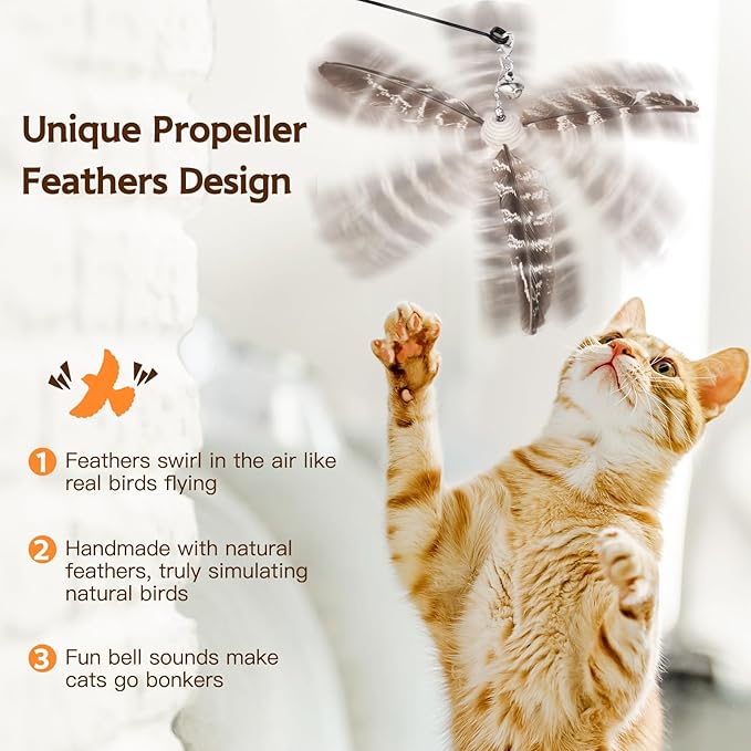 Cat Toys Interactive for Indoor Cats, Cat Wand Toys with 3 Feather Refills, Sturdy Wood Handle with Flexible Steel Wire for Kitten, Feather Toys Refills for Bored Indoor Adult Cats
