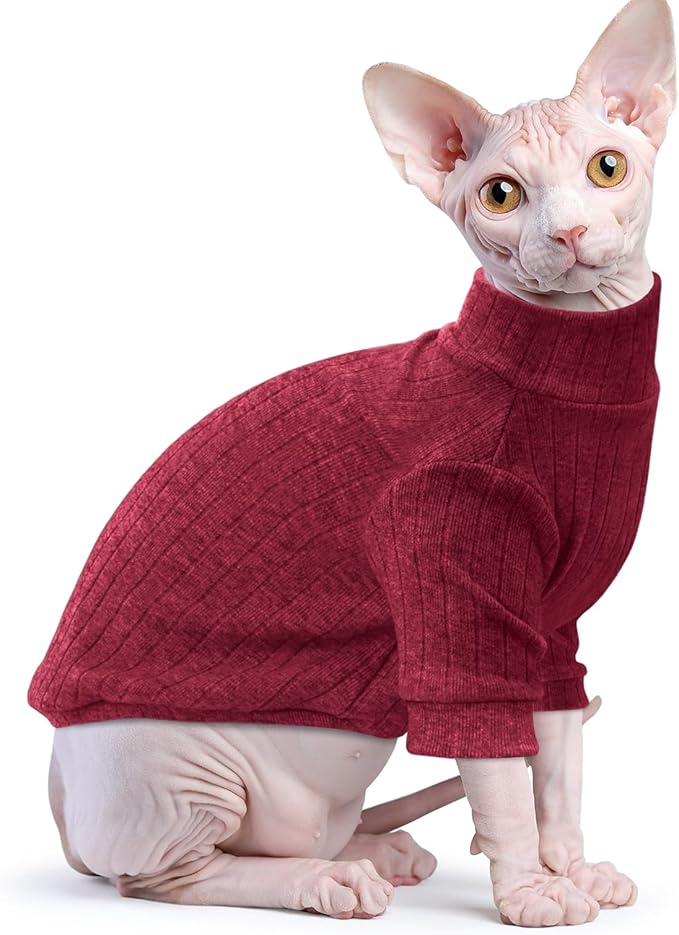 Idepet Sphynx Hairless Cats Sweater Shirt Kitten Soft Puppy Clothes Pullover Cute Cat Pajamas Jumpsuit Cotton Apparel Pet Winter Turtleneck for Cats and Teacup Chihuahua Small Dogs(Red,XS)