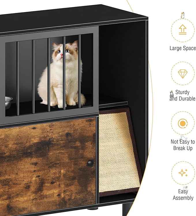 Dog Proof Cat Feeding Station, Cat Feeding Station with Scratching Board, Raised Bowls for Indoor Cats, Elevated Food Bowls with Stand, Vintage Black Furniture