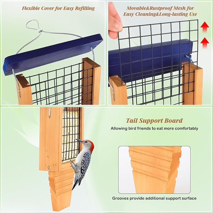 Wooden Suet Bird Feeder for Outside Hanging, Woodpecker Suet Feeder with Tail Prop, Hanging Bird Feeder for Wild Birds, 1 Pack, Blue