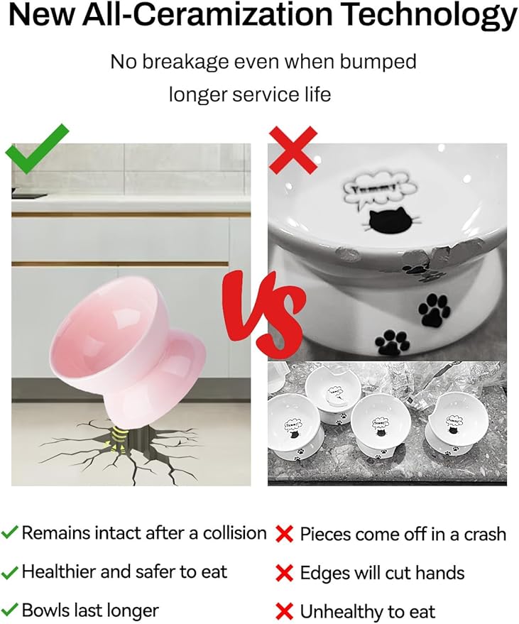 Cat Water Bowl, 16 OZ Ceramic Elevated Cat Bowls, 15° Tilted and Raised Pet Food Dish, Anti Vomiting Protect Pets' Spines and Whisker Fatigue