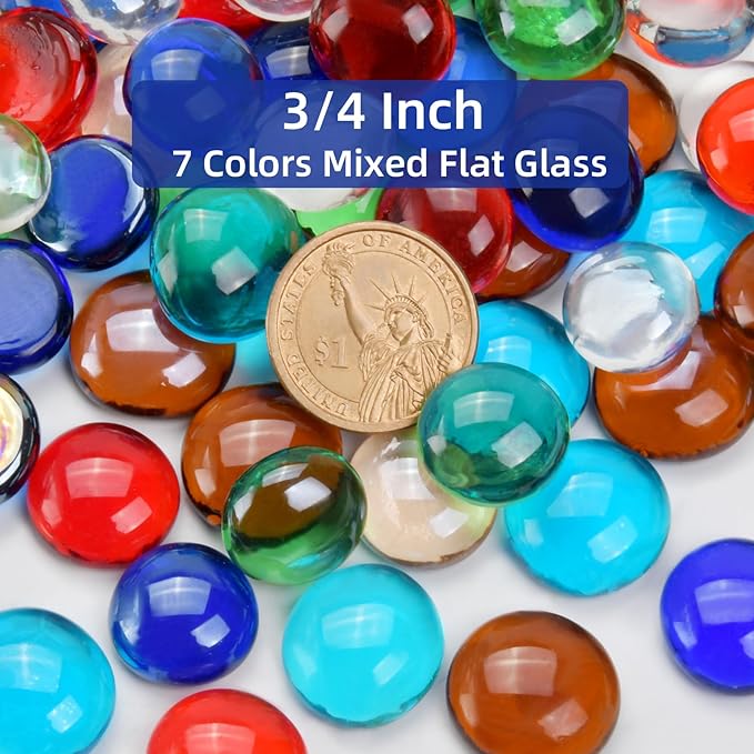 10LB Mixed Color Flat Glass Marbles for Vases, Mancala Stones Gemstone Beads Vase Filler Decorative Glass Pebbles for Fish Tank, DIY Crafts, Mosaics, Aquarium Decor Rocks, Candle Holders