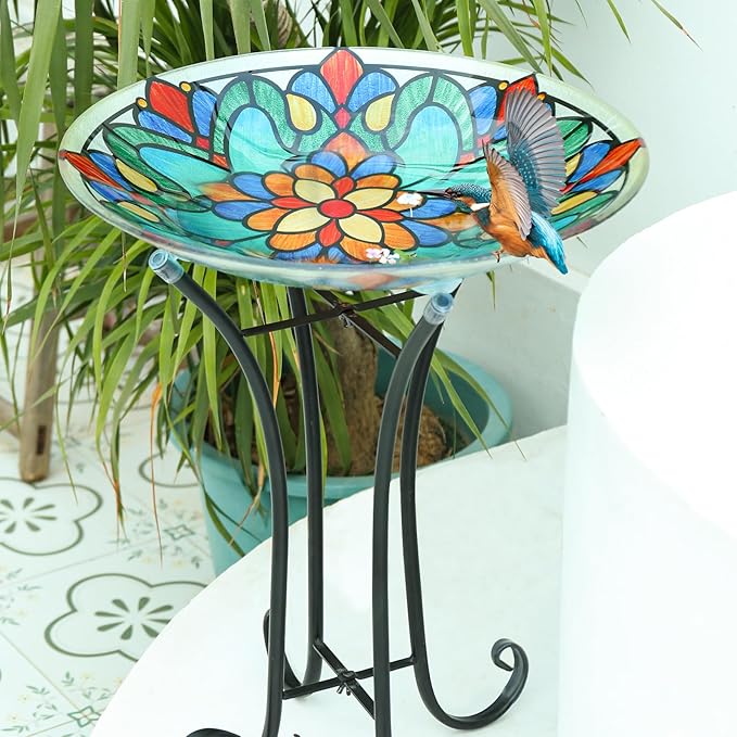 MUMTOP Bird Bath-Bird Baths for Outdoors - Glass Large Bird Bath Bowl with Metal Stand, Symmetrical Patterns Bird Feeders for Outside and Garden, Patio,Lawn Decor