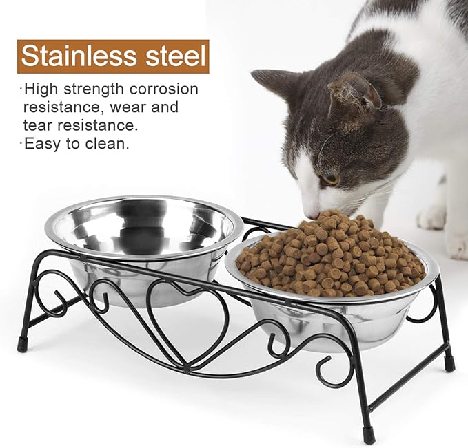 Elevated Dog Cat Bowls, Stainless Steel Double Dog Cat Food Water Bowls Feeder Dishes with Retro Iron Stand Pets Raised Double Dish Feeder Pet Bowls for Small Dogs and Cats