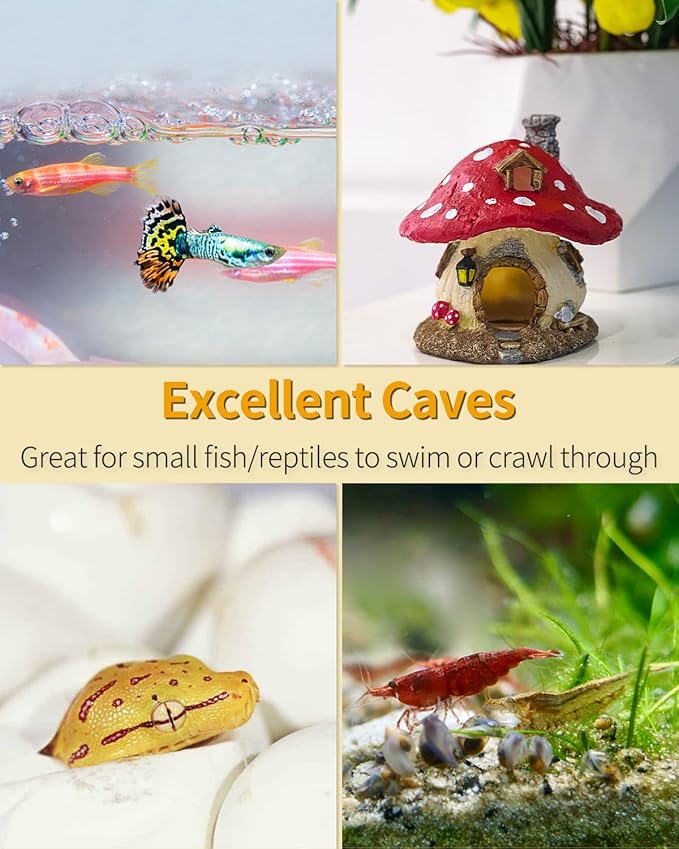 Uniclife Resin Mushroom House Decoration Cottage Ornament for Reptile Hide Cave Hideout Hideaway Spawning Cave Decor for Arboreal Reptiles Shrimp Betta Goldfish, Terrarium & Vivarium Decor