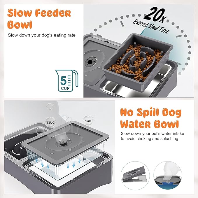 Decflow 3-in-1 Elevated Dog Bowls, 4 Height Adjustable Raised Dog Bowls with Stainless Steel Dog Food Bowls, Slow Feeder, No Spill Water Bowl, DIY Stickers Foldable Pet Bowl for Medium Large Dogs
