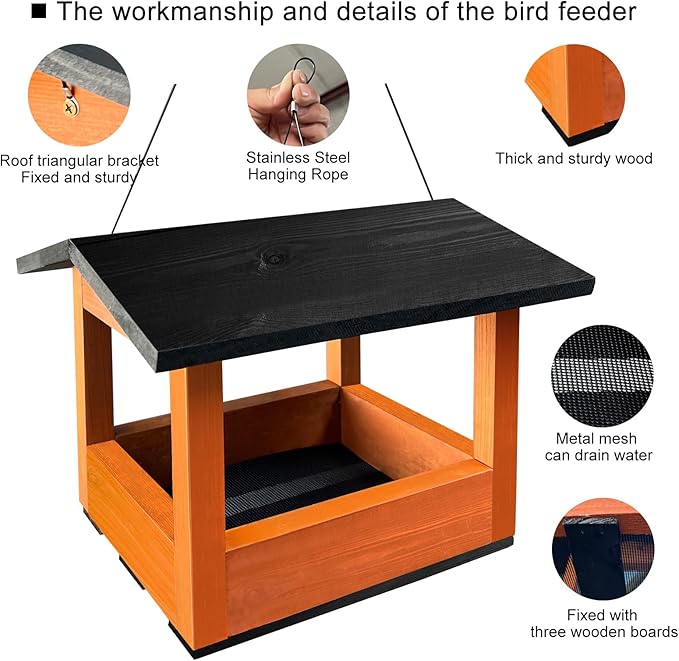 Wooden Hanging Bird Feeder Tray – Outdoor Platform Feeder for Cardinals, Squirrels, and Small Birds – Bird House Style for Backyard Garden (Orange)