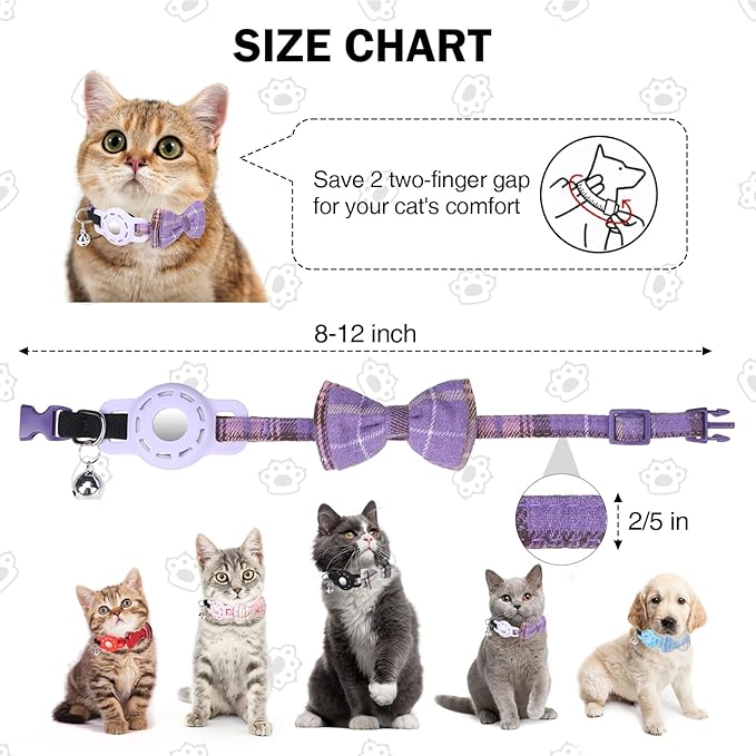 Airtag Cat Collar with Bells and Bowtie -Safety Elastic Band Kitten Collar for Apple Air Tag Holder- Cute GPS Cat Tracker Collars for Girl Boy Cats and Puppies, Adjustable 8"-12" Purple