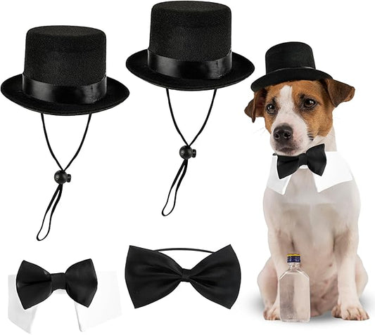 4 Pcs Pet Formal Halloween Costume Accessories Dog Wedding Bow Tie Top Hat Puppy Gentleman Costume for Halloween Cats Party Small Medium Dogs
