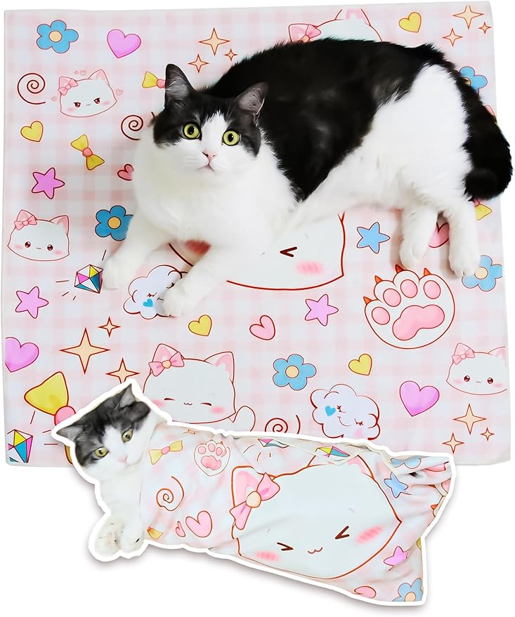 Cat Grooming Wrap for Cutting Nails, 21.6" Anti-Escape Calming Cat Swaddle Wrap for Medicine, Nail Clipping, Teeth Brushing, Ear Cleaning, Self-Adherent Burrito Restraint, (Happy Kitty, M)