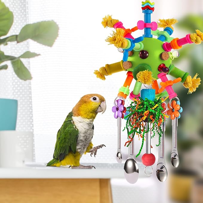 Parrot Toys Bird Toys Perch Pullable Stainless Steel Spoons Colorful Acrylic Stick Chew Toys for Amazons Mini Macaws African Greys Cockatoos Conures,Cockatiels,Lovebirds,Parrotlets and Other (green)