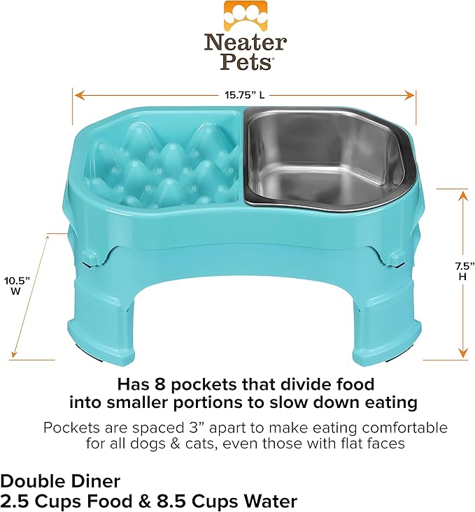 Neater Pet Brands – Neater Raised Slow Feeder Dog Bowl – Elevated and Adjustable Food Height - (Double Diner/w Metal Bowl, Aquamarine)
