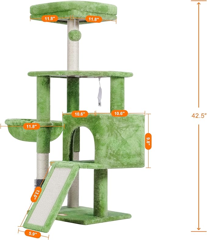 Heybly Cat Tree with Cat Self Groomer Brush, Cat Tower Condo for Indoor Cats with Padded Plush Perch, Cat House with Basket Scratching Board Post, Green HCT005SGR