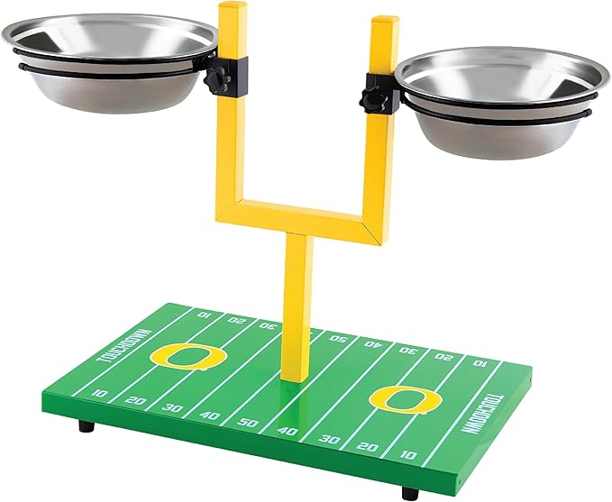 NCAA Oregon Ducks Goalpost Dog Feeder – Adjustable Elevated Dog Bowls with Stand, 2 Stainless Steel Bowls, Non-Slip Rubber Feet, Raised Pet Feeder for Large & Small Dogs