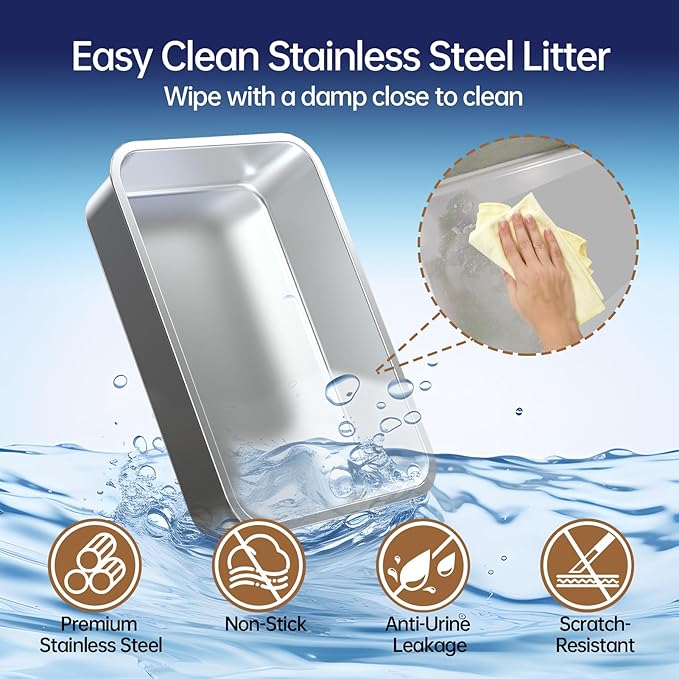 Stainless Steel Litter Box, Enclosed Cat Litter Box Metal Pan Tray with High Wall Sides Non-Stick No Smell Easy to Clean Pet Toilet Supplies for Indoor Cats,Kitten, Kitty, Rabbit (Front Pedal)