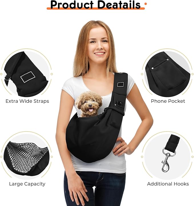 Hands-Free Dog Sling Carrier for Small Pets (5-15 lbs) - Adjustable Ergonomic Chest Carrier, Anti-Slip Design with Breathable Mesh - Reduce Back Pain & Pet Anxiety (Black)