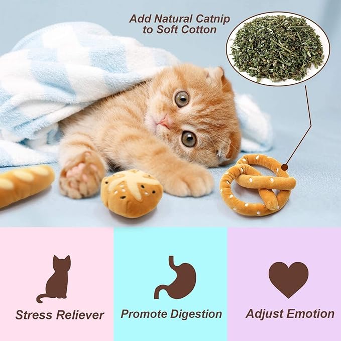 CiyvoLyeen Bread Catnip Toys, Cat Toy for Indoor Interactive Toys, Kitten Chew Bite Kick Toy Baguette Croissant Pretzel Toast Bun Cinnamon Roll Plush Catmint Pet Birthday Presents 6 Pack
