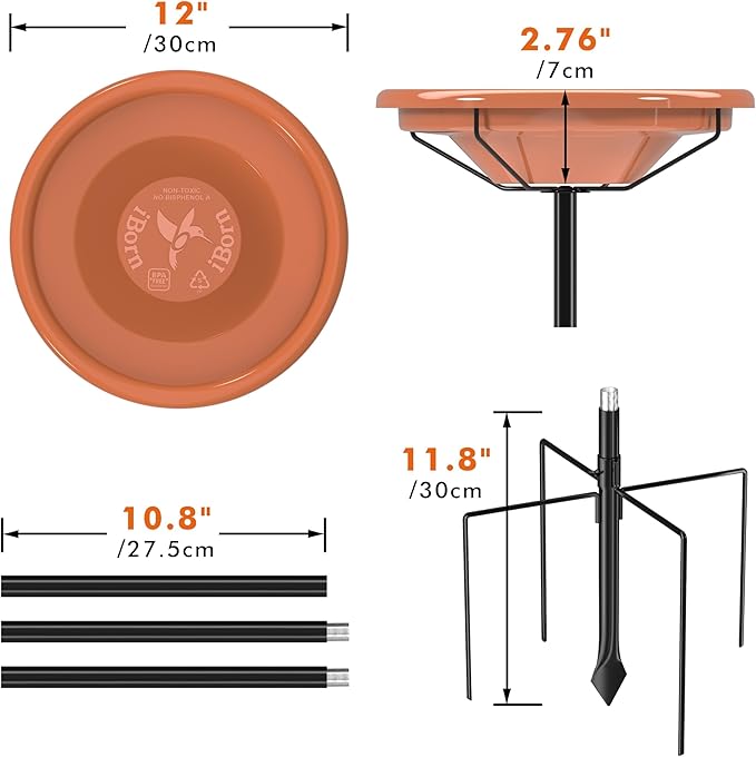 iBorn 36Inch Freestanding Bird Bath for Outside,12″ BPA-Free Plastic Bowl,Birdbaths with 3 Adjustable Height Pole,5-Prongs Base,Metal Pole and Plastic Bird Bath Bowl,Pack of 1（Not Include Fountain）