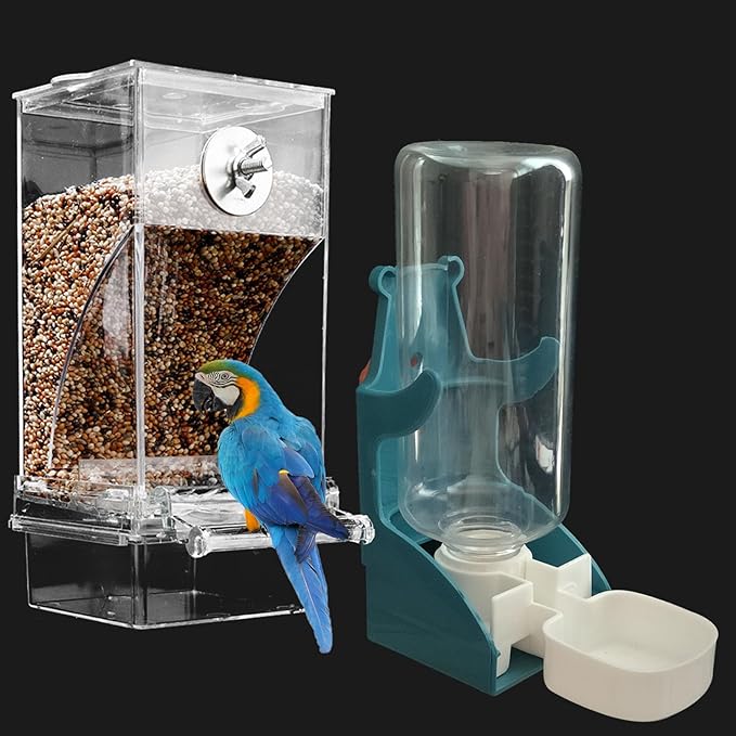 No Mess Bird Feeder Water Dispenser Set, SHGNUY Automatic Transparent Parrot Feeder Acrylic Parrot Food Container Drinker Cage Accessories for Small Birds Canary Parakeet Finch (Dark Green, 1)