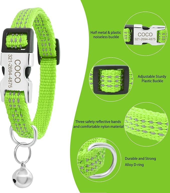Personalized Reflective Nylon Cat Collar with Name Phone,Custom Engraved Buckle Cat Collar with Bell,Adjustable for Small Dogs Puppy Kitten (Green,fit 7.5''-12.0'')