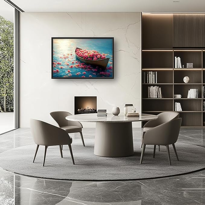 Large Lake Floral Landscape Wall Art for Living Room, Nature Boat Flower Canvas Oversized Wall Decor, Rose Scenery Framed Pictures Painting Print Artwork for Bedroom Office 36L" x 24W"