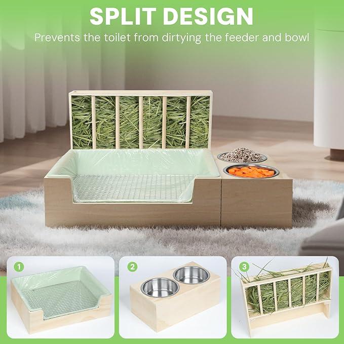3-in-1 Steel Grids Rabbit Litter Box with Hay Feeder & Waste Collection – Bunny Toilet Training Kit, Large Plastic Potty for Rabbits, Guinea Pigs, Small Animals – Easy Clean, Durable, Odor Control