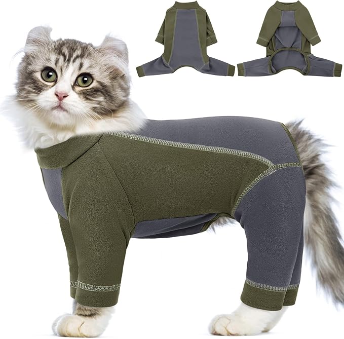 SUNFURA Hair Sticky Cat Clothes, Cat Sweater for Cats Only, 4-Legged Fleece Sweaters Kitten Pajamas Reduce Shedding Fur, Warm Pullover Shirts for Cats, Army Green S