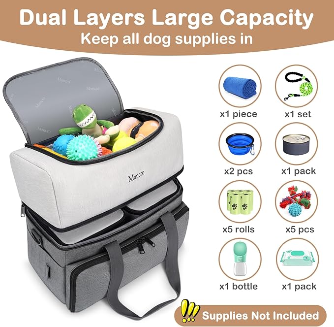 Mancro Dual Layers Dog Travel Bag, Pet Travel Bags with 2 Extra Large Food Containers, 2 Collapsible Dog Bowls, Multi-Pockets Tote Organizer for Pet Supplies, Road Trip Essentials, Weekend Camping