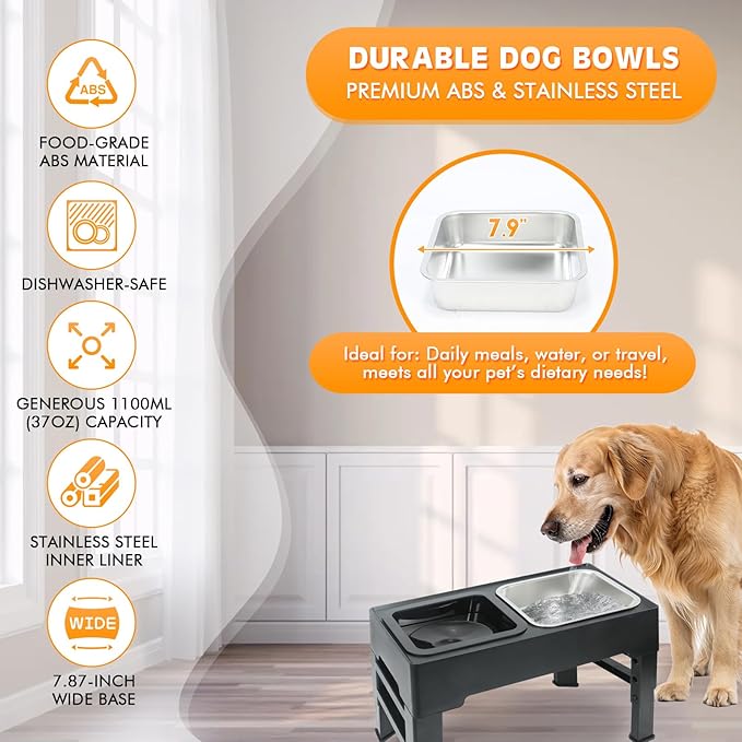 Elevated Dog Bowls with 3 Adjustable Heights, Raised Bowl Stand for Medium & Large Dogs, 1L Food and Water Feeder, Adjustable Pet Dish Station-Grey