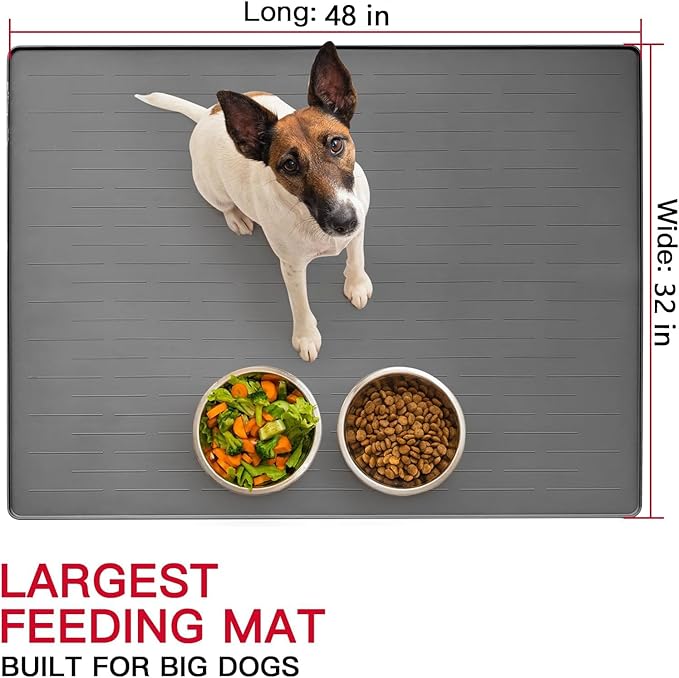 48" x 32" XXXL Largest Pet Food Mat, Silicone Dog Mats for Food and Water, Nonslip Pet Feeding Mats for Floors,Dog Cat Bowl Mat with Raised Edges, Beige