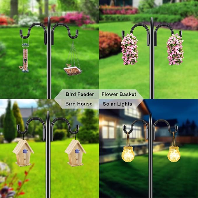 Gtongoko Double Shepherds Hook for Outdoor, 108 Inch Heavy Duty Bird Feeder Pole 3/4 Inch Thick Garden Hooks for Hanging Hummingbird Feeder, Plant Baskets, Solar Light Lanterns, 1 Pack
